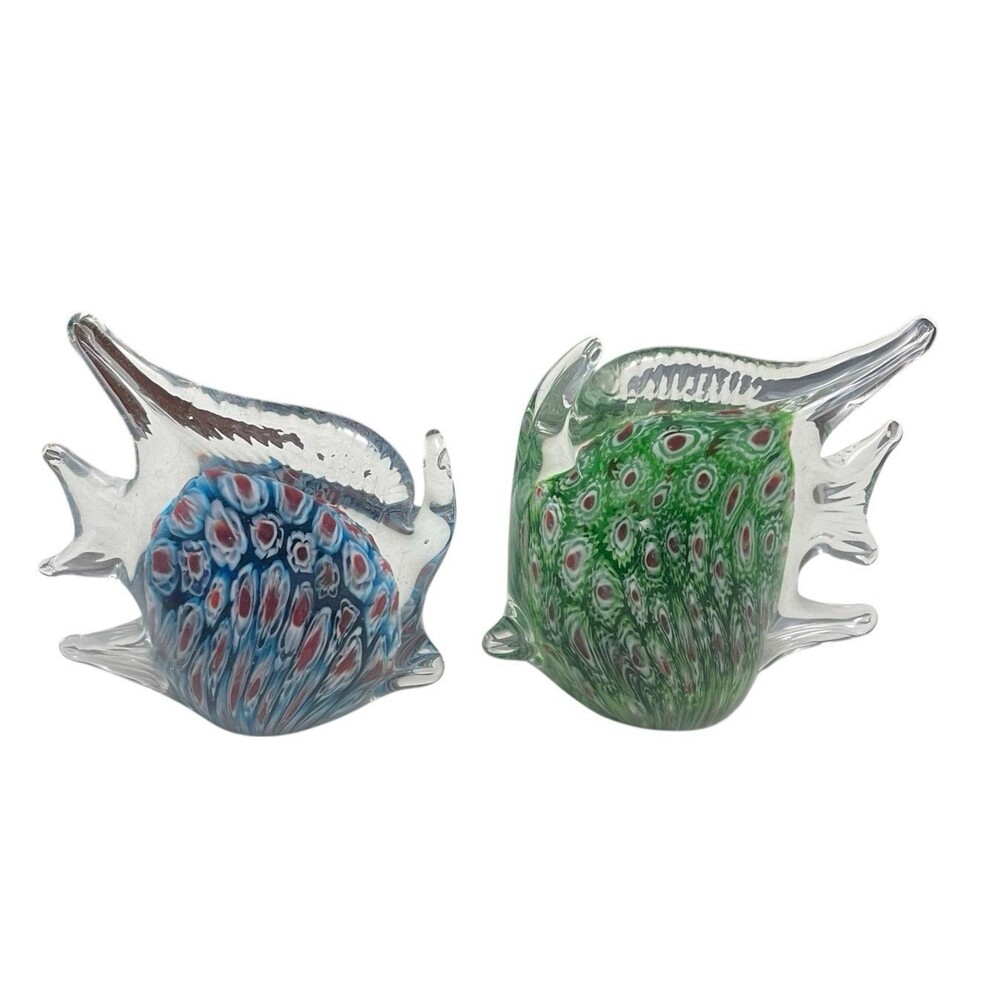 Paperweight Hand Blown Art Glass Millefiori Style Angel Fishes Figurines 4.5 in